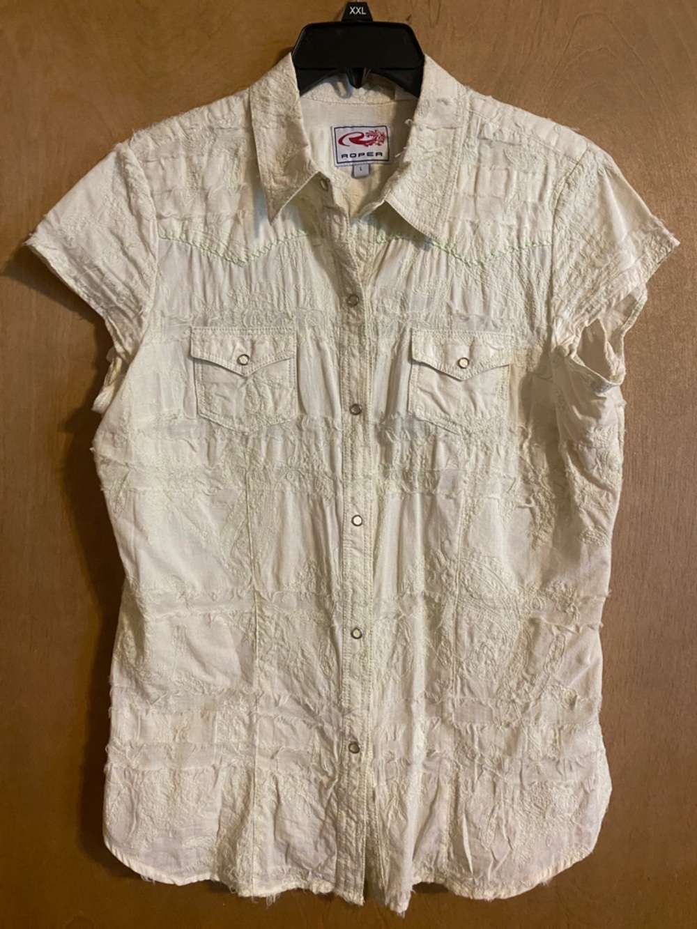 Roper Western Boho, frayed, distressed cap sleeve pearl snap summer shirt.